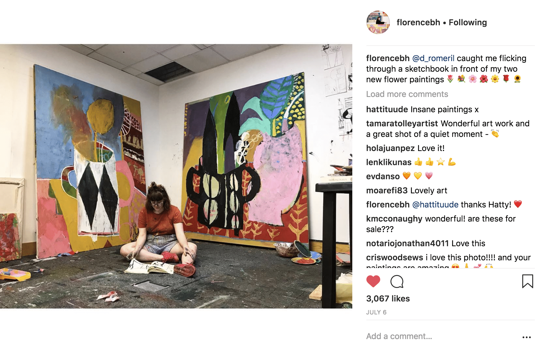 Artist Florence Hutchings Instagram post in her studio