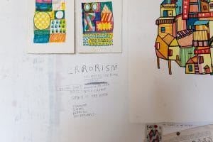 Picture of handwritten notes on the wall of artist David Shillnglaw's studio in margate