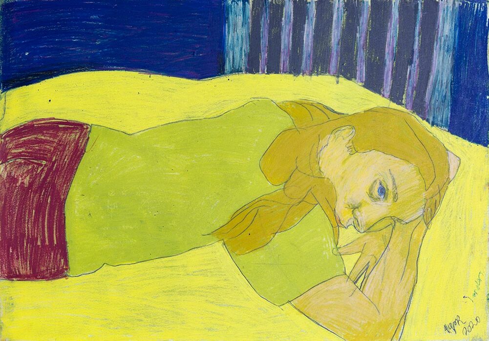 Work on paper artwork of a woman lying on a bed by Igor Moritz